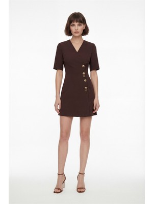 Lafaba Kadın Kahverengi V Yaka Aksesuar Detay Mini Elbise