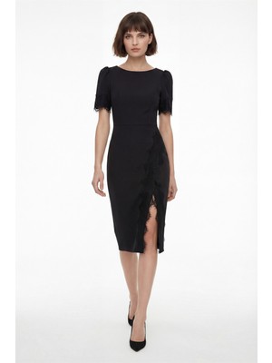 Lafaba Kadın Siyah Dantel Detay Midi Davet Elbisesi