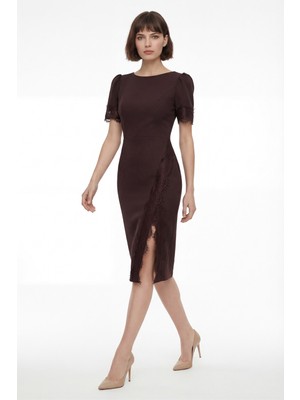 Lafaba Kadın Kahverengi Dantel Detay Midi Davet Elbisesi