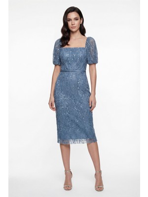 Lafaba Kadın Indigo Kare Yaka Balon Kol Midi Söz Nişan Nikah Abiye Elbise