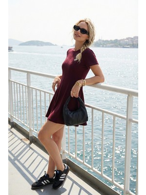 Lela Regular Fit Bisiklet Yaka Pileli Mini Elbise Bayan Elbise 5866342