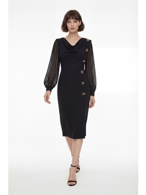 Lafaba Kadın Siyah Degaje Yaka Midi Davet Elbisesi