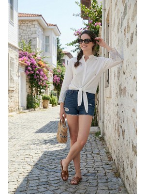 Lela Pamuklu Nakışlı Belden Bağlamalı Hakim Yaka Gömlek Bayan Gömlek 611009710