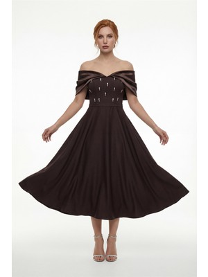 Lafaba Kadın Kahverengi Kayık Yaka Taş Detay Kloş Söz Nişan Nikah Abiye Elbise