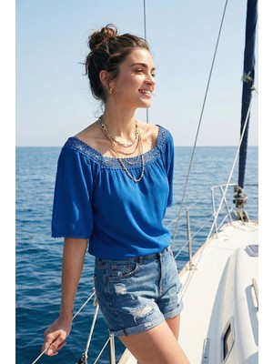 Lela Güpürlü Regular Fit Kare Yaka Bluz Bayan Bluz 5869003