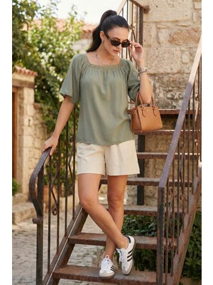 Lela Güpürlü Regular Fit Kare Yaka Bluz Bayan Bluz 5869003