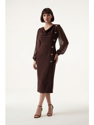 Lafaba Kadın Kahverengi Degaje Yaka Midi Davet Elbisesi