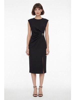 Lafaba Kadın Siyah Bisiklet Yaka Yırtmaçlı Midi Davet Elbisesi