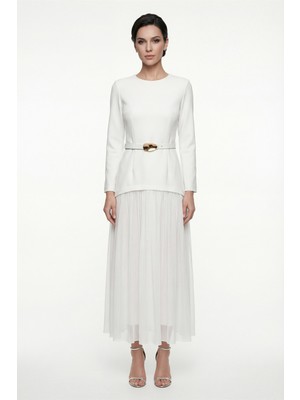 Lafaba Kadın Beyaz Kemerli Midi Abiye Elbise