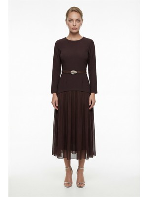 Lafaba Kadın Kahverengi Kemerli Midi Abiye Elbise