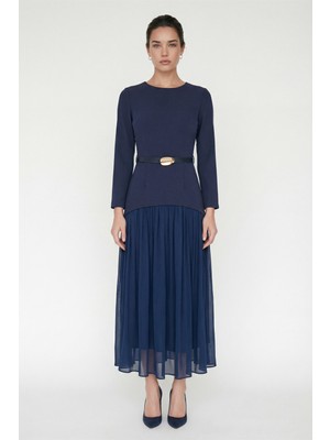 Lafaba Kadın Lacivert Kemerli Midi Abiye Elbise