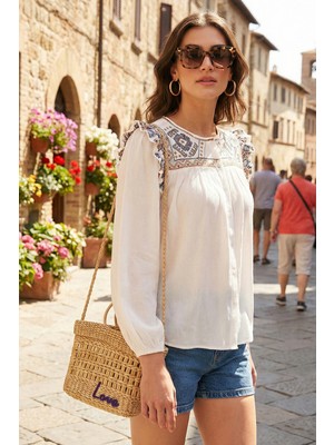 Lela Etnik Desenli Kol Detaylı Bisiklet Yaka Şile Bezi Gömlek Bayan Gömlek 611BZ0042