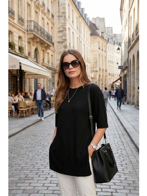 Lela Oversize Bisiklet Yaka Yırtmaç Detaylı Bluz Bayan Bluz 5869000