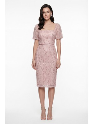 Lafaba Kadın Pudra Kare Yaka Balon Kol Midi Söz Nişan Nikah Abiye Elbise