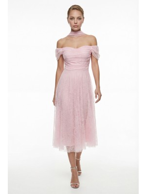 Lafaba Kadın Pudra Dar Kalıp Kayık Yaka Dantelli Midi Söz Nişan Nikah Abiye