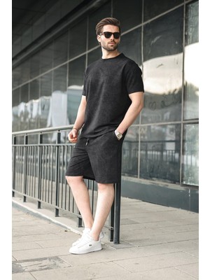 Madmext Siyah Batik Desenli Overfit Şort T-Shirt Takım E7357