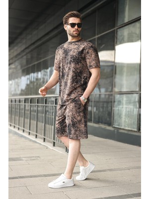 Madmext Siyah-Kahverengi Batik Desenli Overfit Şort T-Shirt Takım E7357