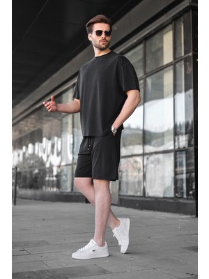 Madmext Siyah Tensel Kumaş Erkek Şort Tişört Takım E7349