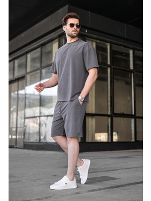 Madmext Boyalı Gri Tensel Kumaş Erkek Şort Tişört Takım E7349