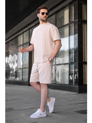 Madmext Bej Tensel Kumaş Erkek Şort Tişört Takım E7349