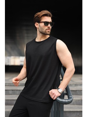 Madmext Siyah Bisiklet Yaka Jakarlı Kolsuz Erkek Tişört E7180