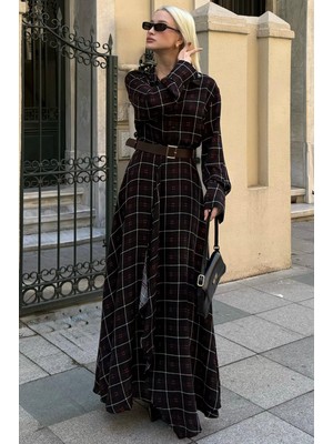 Madmext Siyah Ekose Desenli Kemerli Uzun Kadın Elbise MG2716