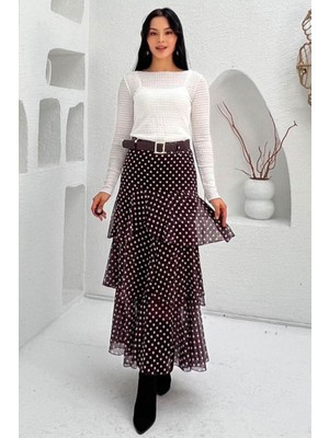 Madmext Kahverengi/beyaz Kemerli Yırtmaçlı Puantiye Desen Volanlı Etek MG2715
