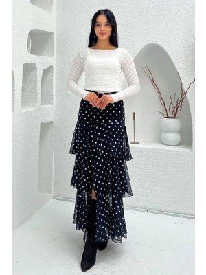 Madmext Siyah/beyaz Kemerli Yırtmaçlı Puantiye Desen Volanlı Etek MG2715