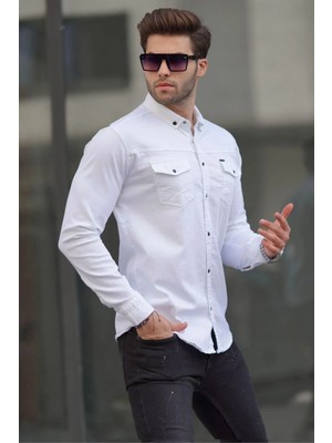 Madmext Beyaz Rahat Kalıp Gabardin Erkek Gömlek 6810