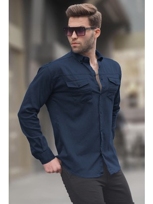 Madmext Lacivert Rahat Kalıp Gabardin Erkek Gömlek 6810