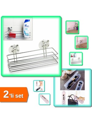 Feyza Design Pratik Dörtgen Banyo Organizeri ve Şeffaf Kapaklı Fırça Kutusu Seti