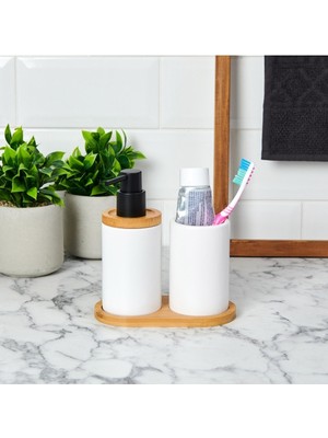 Feyza Design Bambu Standlı Seramik Ikili Banyo Seti, Şık ve Kullanışlı Tasarım