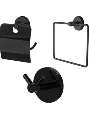 Feyza Design 3'lü Siyah Mat Banyo Aksesuar Seti, Havluluk ve Wc Kağıtlık Takımı