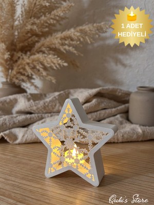 Qukis Store Dekoratif Kartanesi Desenli Yıldız Mumluk, 16 Cm, 1 Adet Tealight Hediyeli