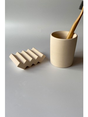 Feyza Design Modern Beton Bej Diş Fırçalık ve Sabunluk Seti, Şık ve Fonksiyonel Tasarım