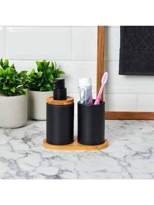 Feyza Design Bambu Standlı Seramik Ikili Banyo Seti, Şık ve Kullanışlı Tasarım