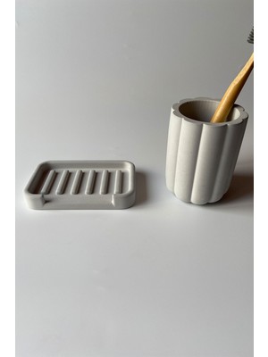Feyza Design Şık Beton Gri Diş Fırçalık ve Sabunluk Seti, Modern Banyo Dekoru