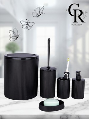 Feyza Design Şık 5 Parça Banyo Seti: Çöp Kovası, Wc Fırçası, Sabunluk ve Diş Fırçası