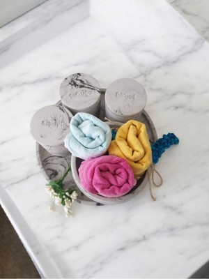 Feyza Design Şık Antrasit Mermer Desenli Banyo Seti, Havluluk ve Organizerli, Tepsili