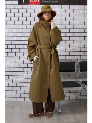 HE-QA Funnel Neck Uzun Trençkot Zeytin