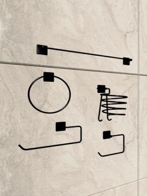 Feyza Design Siyah Yapışkanlı Kare Havluluk ve Fön Askısı 5'li Banyo Seti