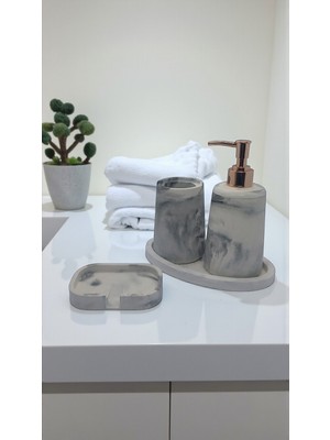 Feyza Design Beyaz ve Gri Mermer Desenli 4'lü Taş Banyo Sabunluk Seti, 18 cm