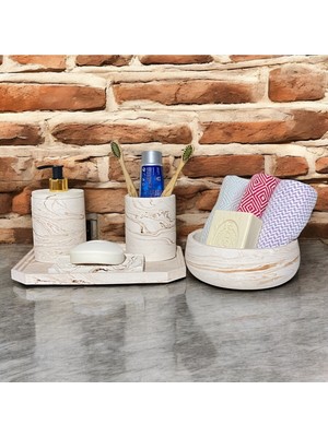 Feyza Design Modern Geometrik Mermer Desenli Beton Banyo Aksesuar Seti (5 Parça)