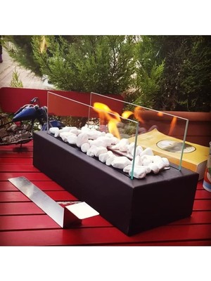 Özgürce Metal Siyah Masa Üstü Şömine, Sertifikalı Yakıt ve Dekoratif Taş Hediyeli