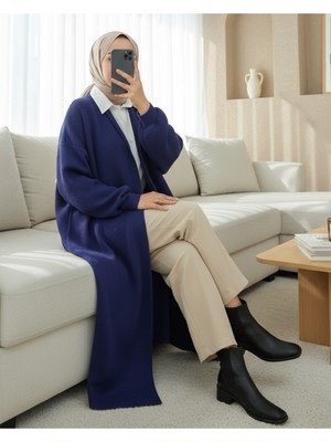 Modamorfo Yakalı Uzun Salaş Yumoş Hırka -Indigo