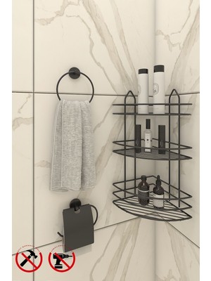 Feyza Design Paslanmaz Banyo Köşeliği Seti, Şampuan ve Havlu Kapaklı, EK03, Dayanıklı