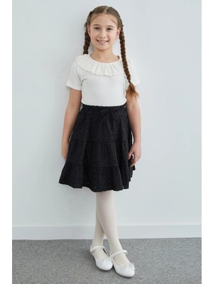 FullaModa Beli Lastikli Brode Detaylı Kız Çocuk Etek