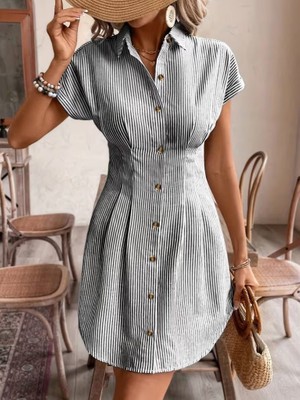 Arben Boutique Kadın Kısa Kollu Yakalı Önden Düğmeli Kısa Trikoton Elbise