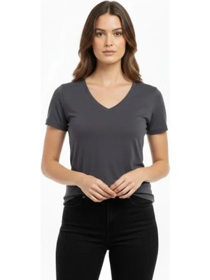 Arben Boutique T-Shirt V Yaka Slim Fit Likralı Tişört Günlük Basic Body - Füme