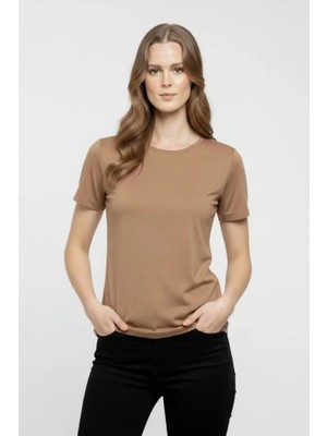 Buğrahayalin T-Shirt Bisiklet Yaka Slim Fit Likralı Tişört Günlük Basic Body - Kahverengi